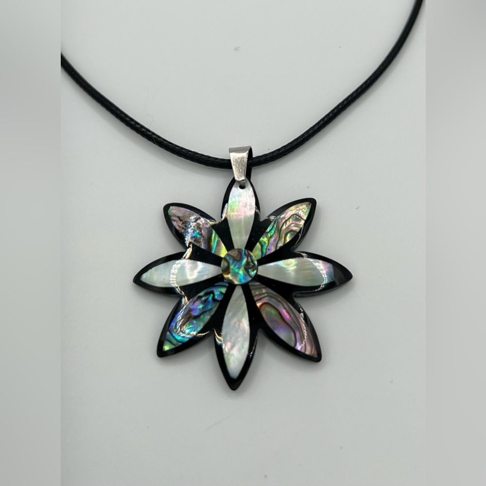 Abalone Flower Pendant Necklace on Black Rope Chain - Picture 3 of 3